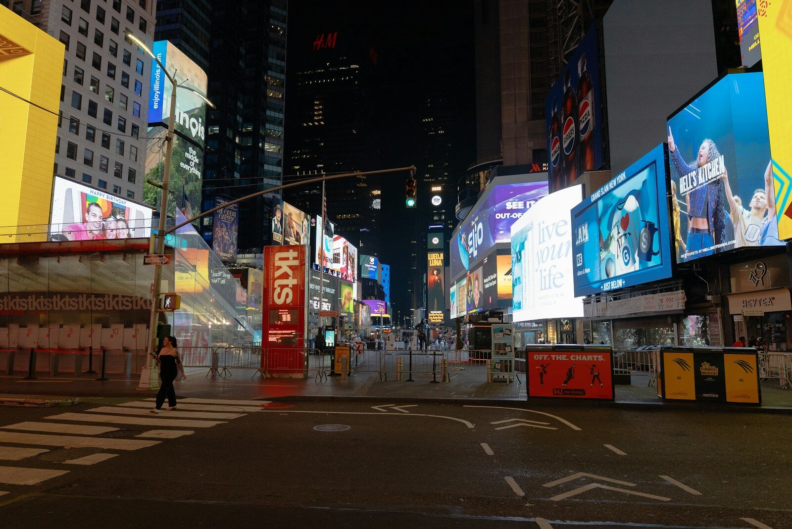 Illuminated advertising billboards above Times Square at night