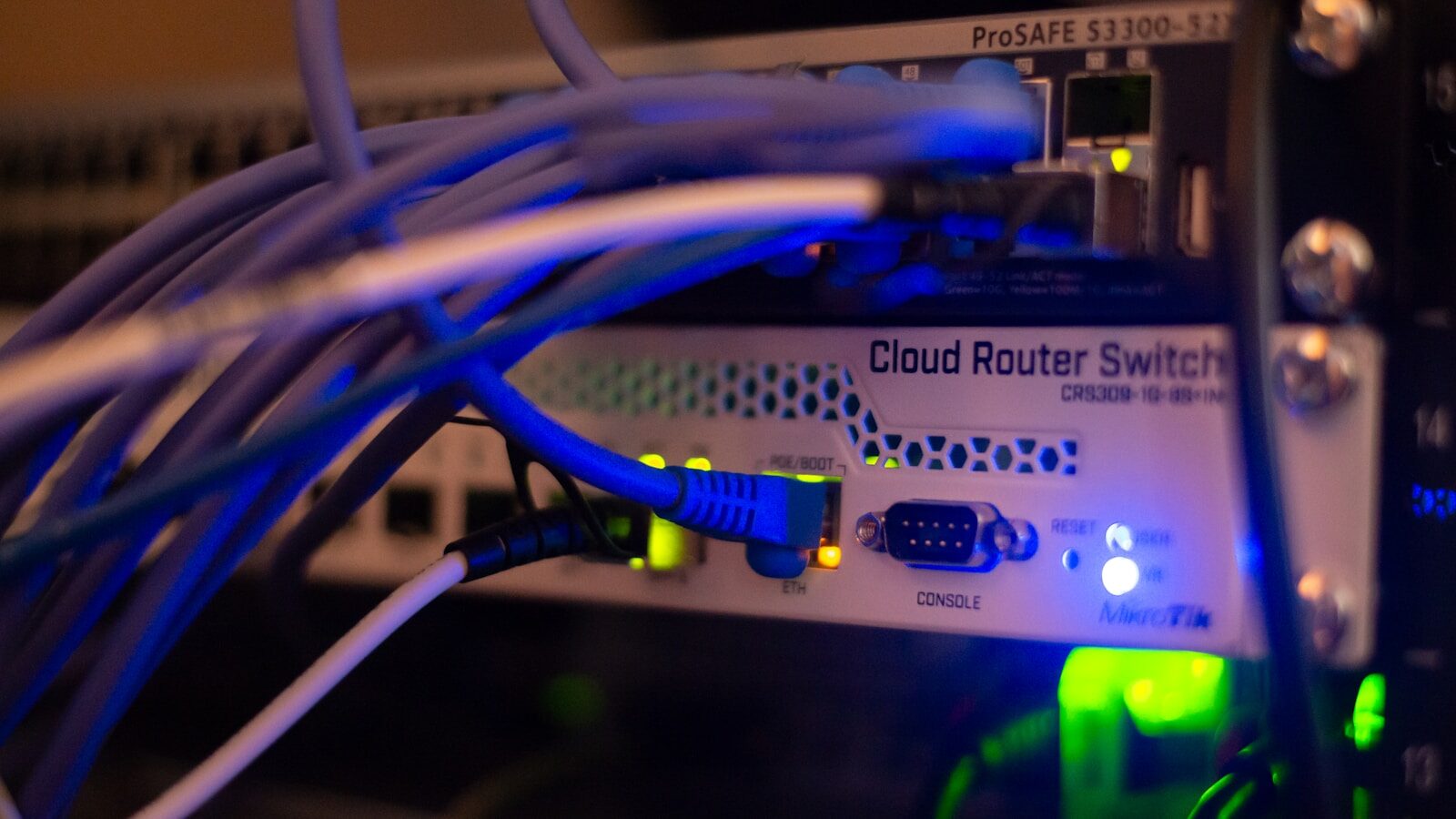 Computer Networking Equipment with Ethernet Cables connected