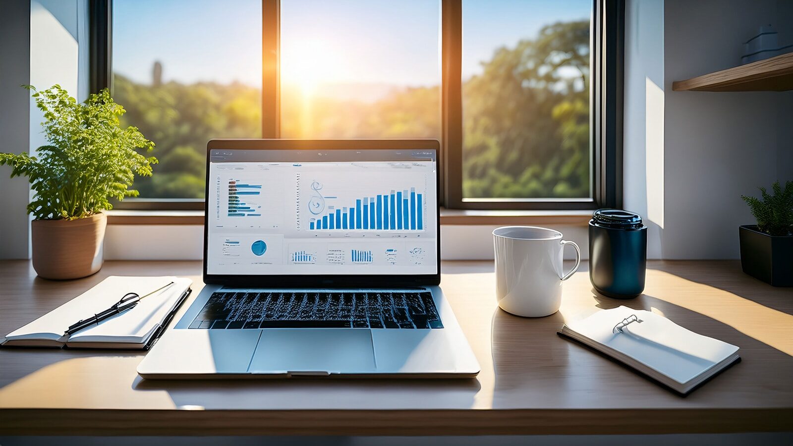 A laptop on a desk showing an analytics dashboard beside a coffee cup