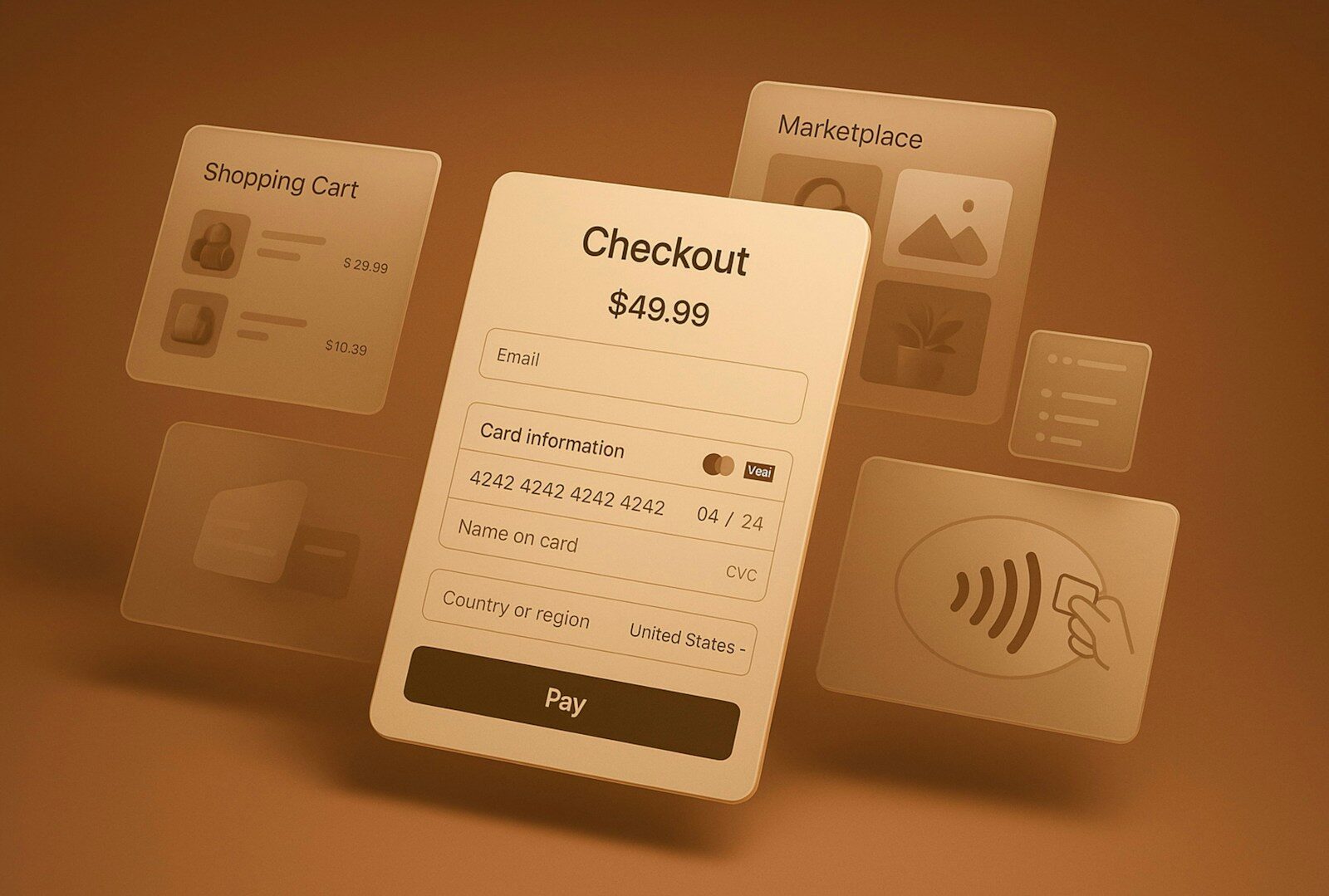 An online checkout screen showing payment details and a shopping cart
