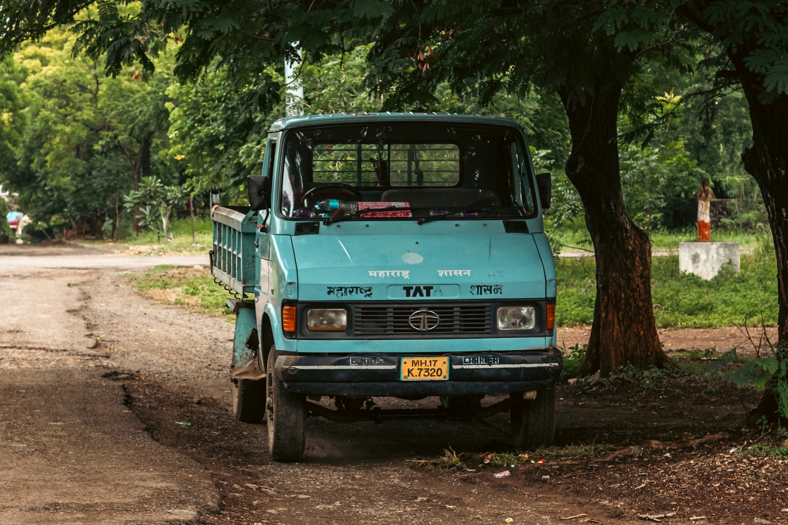A blue Tata 407 light commercial vehicle operated by the Maharashtra Government is parked on the roadside under a tree. The scene reflects everyday utility transport in a rural or semi urban Indian setting. Ideal for editorial content around government services, logistics, and infrastructure.