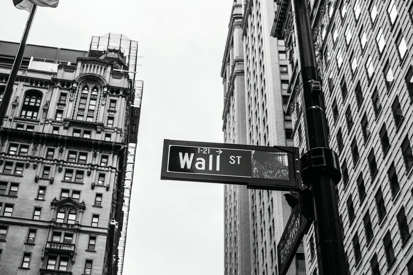 A Wall Street street sign photographed in monochrome
