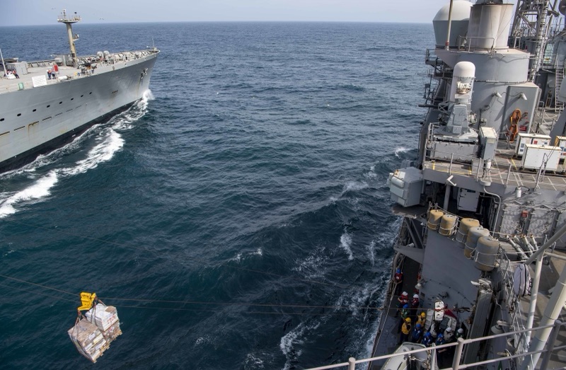 A US Navy guided-missile cruiser under way at sea.