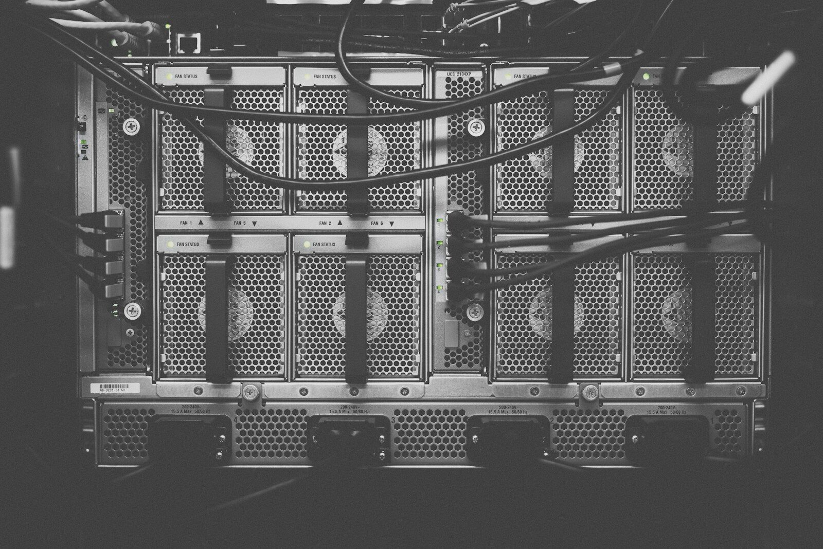 The rear of a server chassis in monochrome, fan modules and power inlets with cabling looped across them.