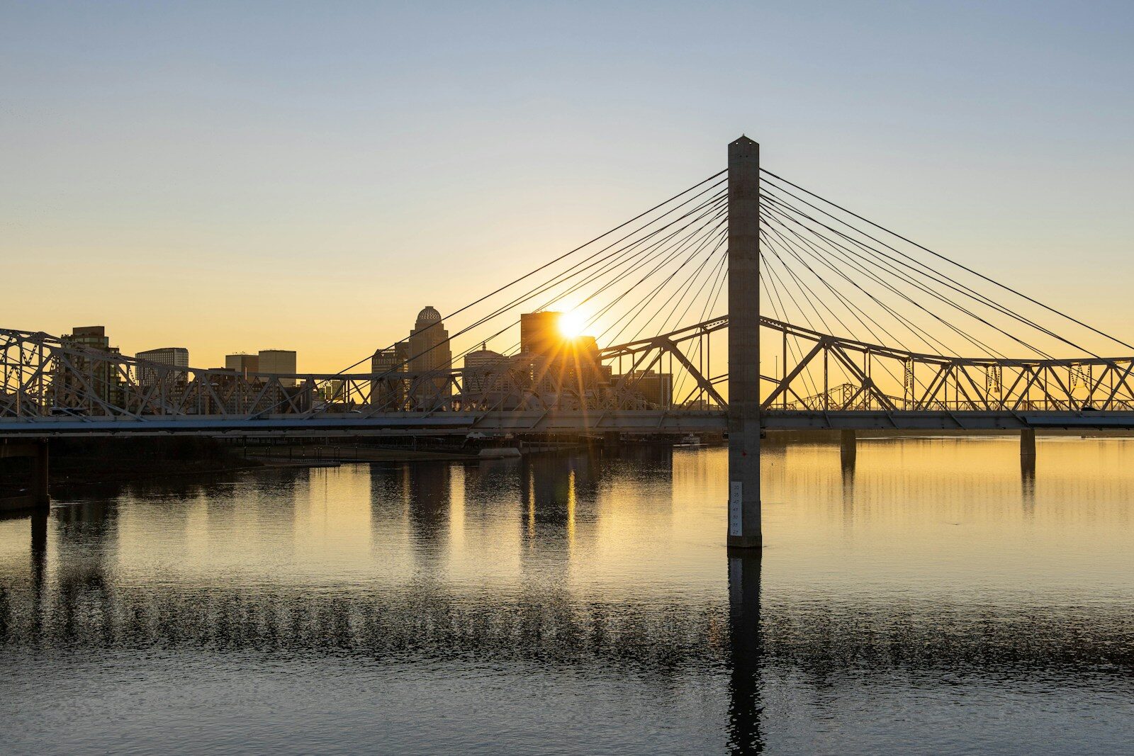 Downtown Louisville at sunset, seen from the Ohio River.