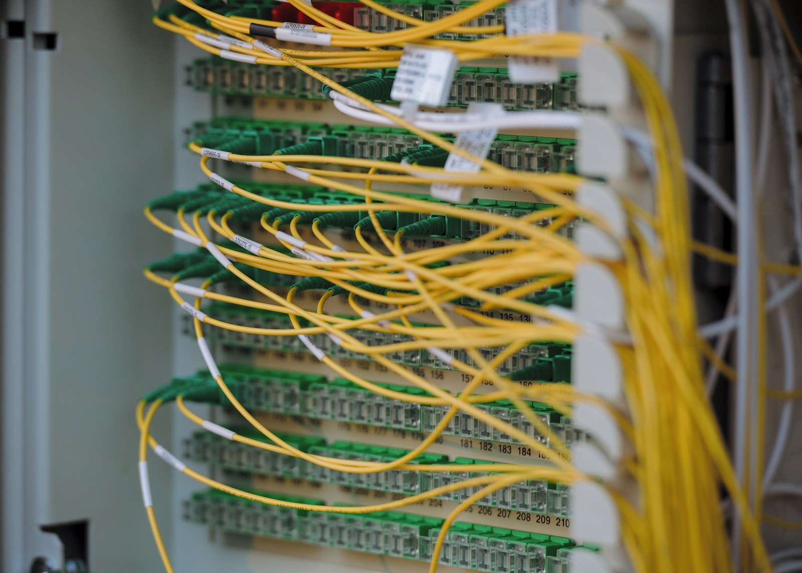 Yellow fibre-optic patch cables plugged into rows of green connectors in a network cabinet.
