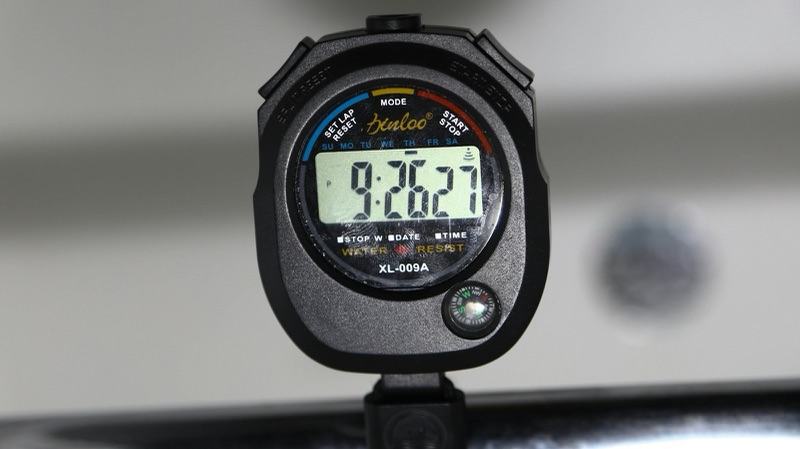 A digital stopwatch photographed close up.
