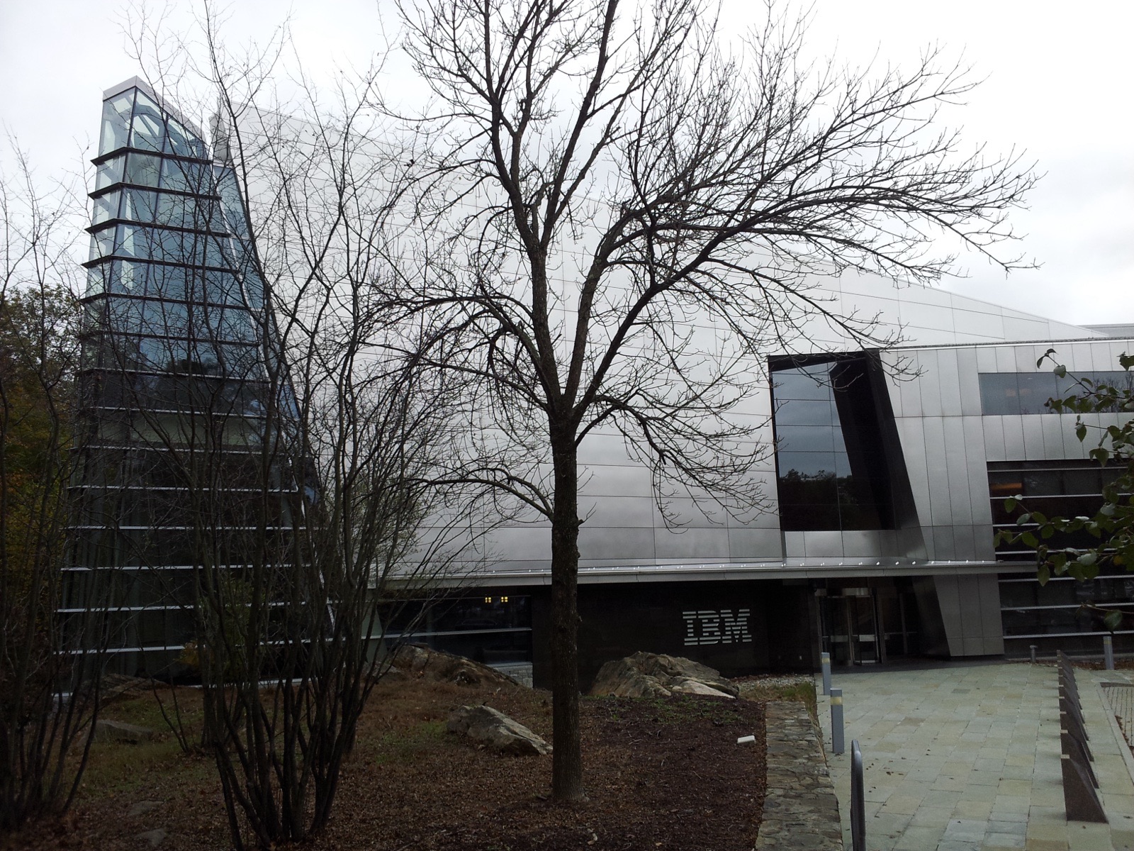 A modern building clad in metal panels with the IBM logo above its entrance, a bare tree and a glass tower in front, under a grey sky.