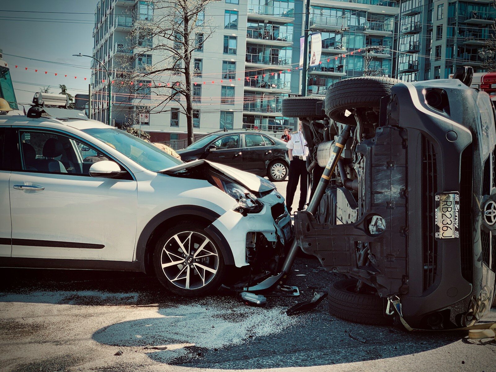 A rollover collision at the roadside after a traffic accident