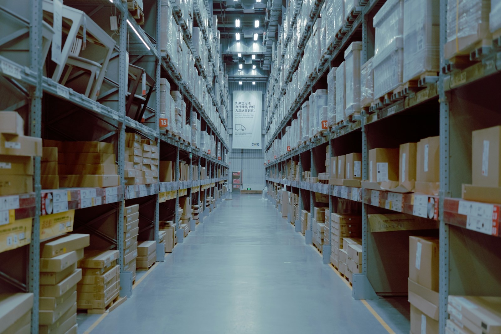 Stacked shelving in a storage warehouse.