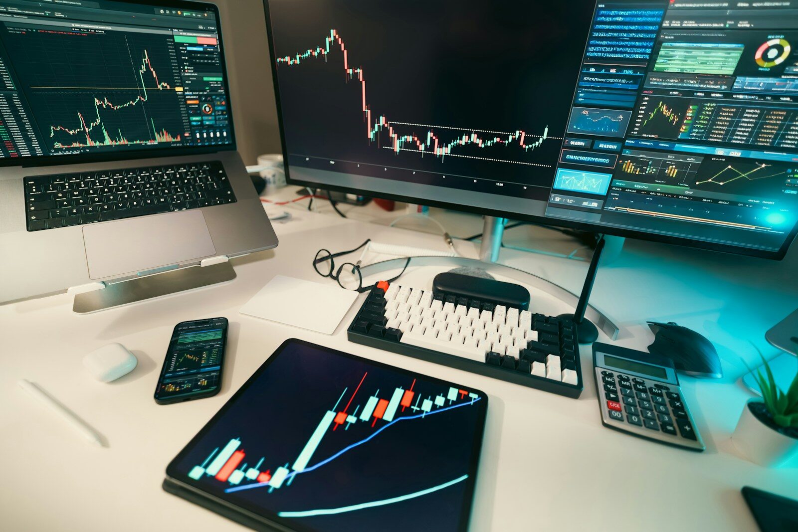 Cryptocurrency or stock market analysis workspace with candlestick charts
