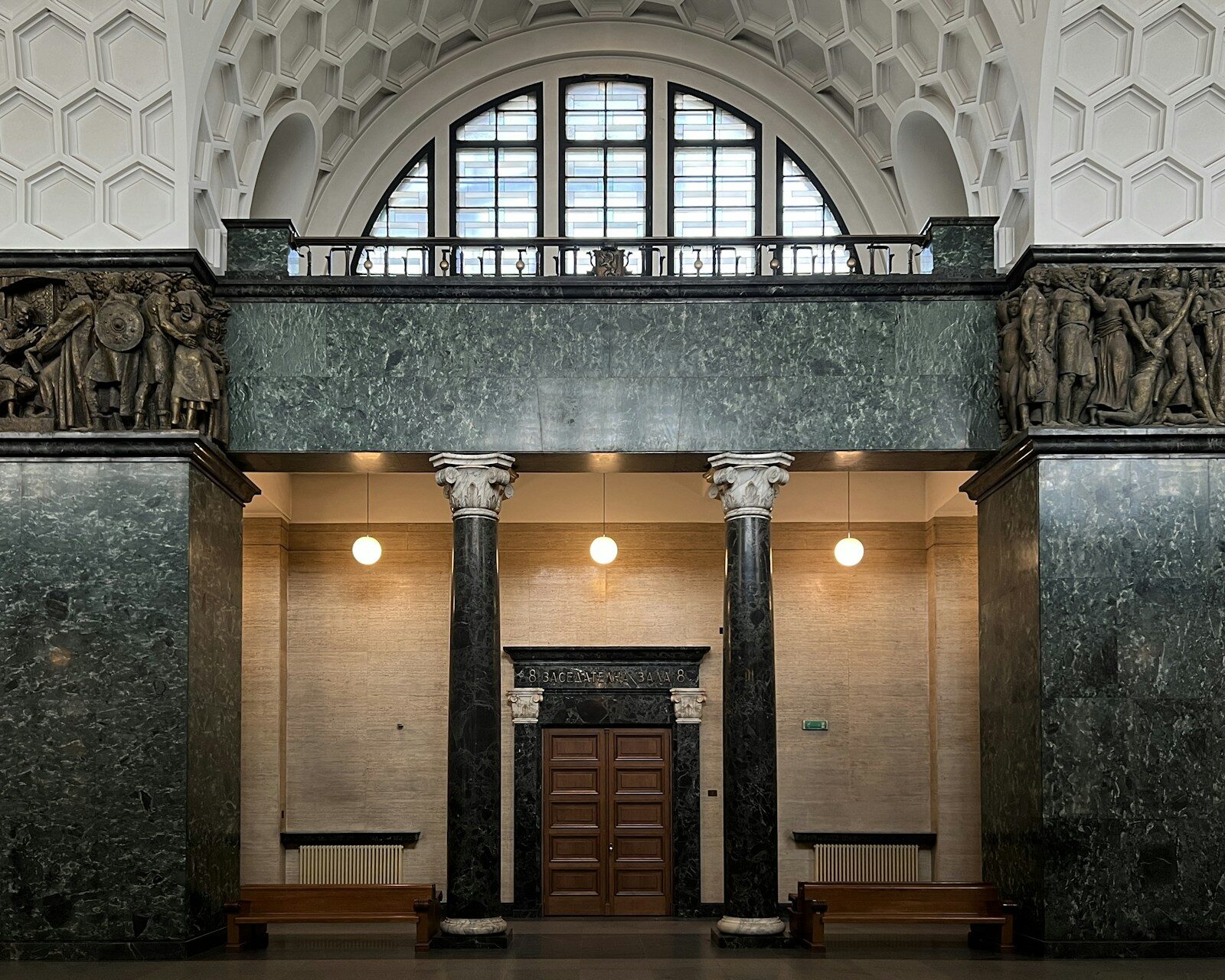 The columned interior of a courthouse
