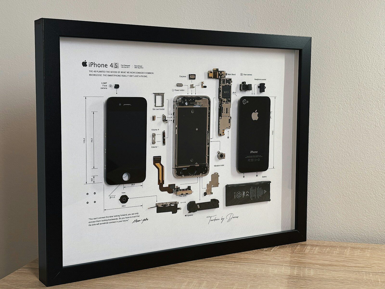 A framed iPhone 4S disassembled beside its schematic diagram