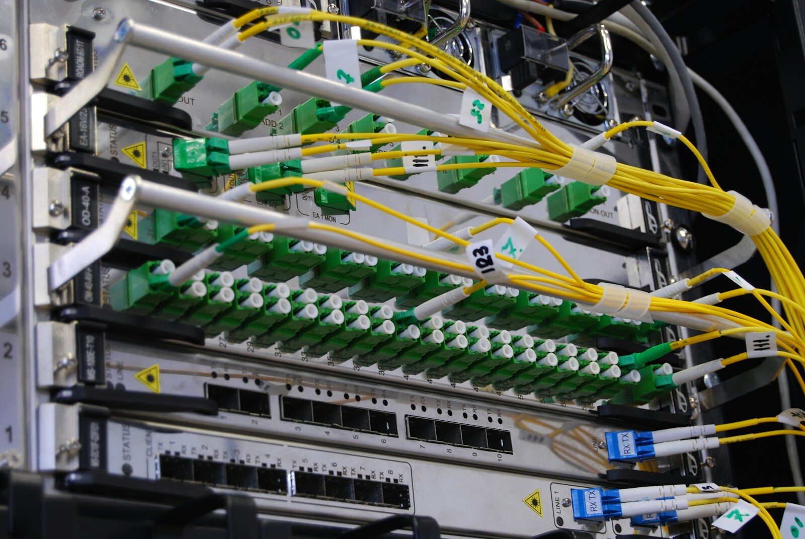 Fibre-optic telecommunications equipment mounted in a rack