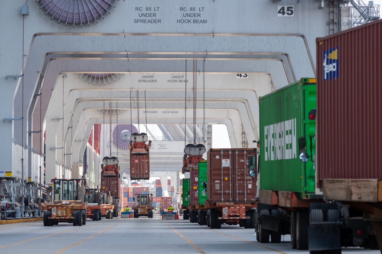 Shipping containers being lowered from quay cranes onto yard trucks beneath the legs of the cranes at a container terminal.