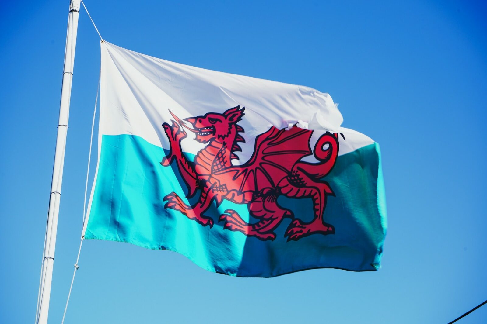 The Welsh flag, a red dragon on white and green, flying from a pole against a clear blue sky.