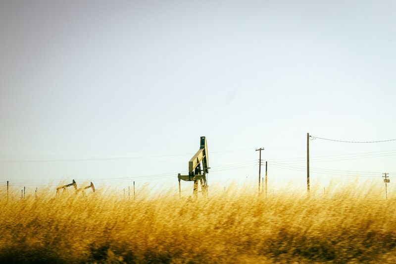 Oil pump jacks in a field of tall golden grass under a pale sky near Bakersfield, California.