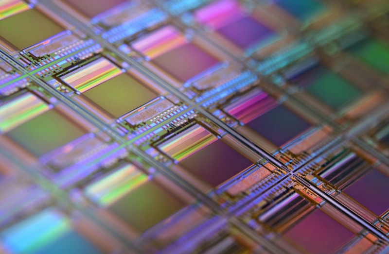 A silicon wafer patterned with a grid of iridescent chip dies, photographed in shallow focus.