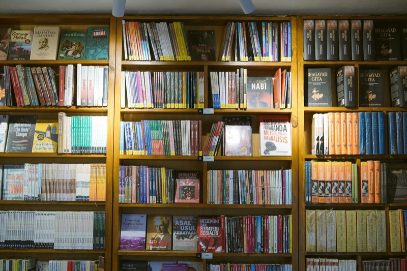 Shelves of books in a bookshop.