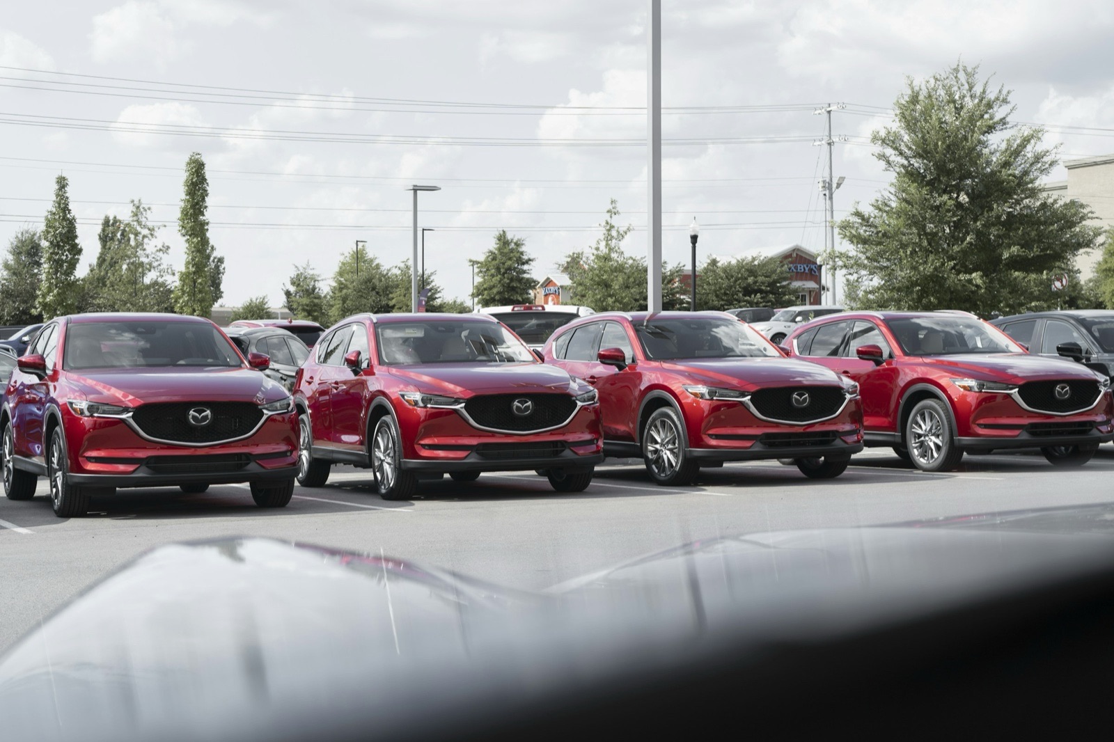A row of new red compact SUVs parked on a dealership lot under an overcast sky, with trees and power lines behind.