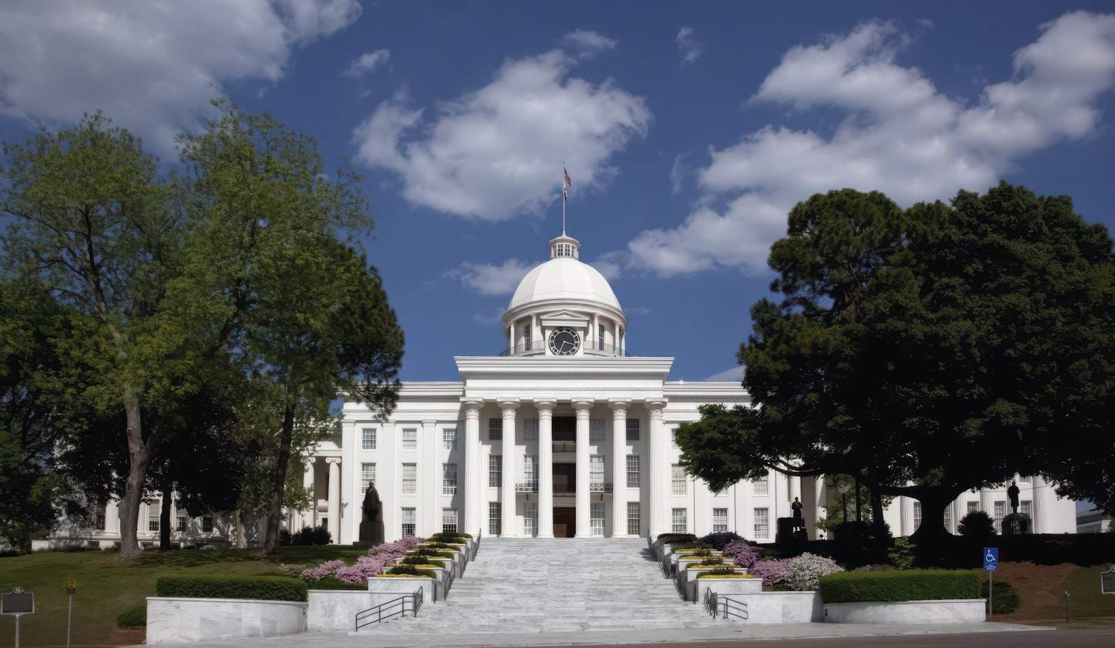 The Alabama State Capitol building in Montgomery, seen from the front steps.